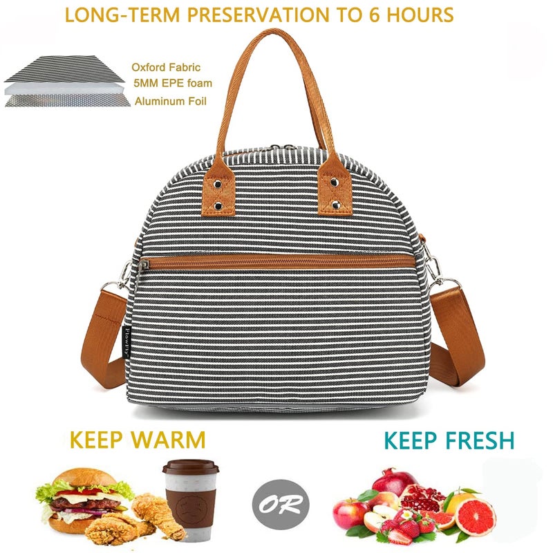 FlowFly Insulated Lunch Bag With Shoulder Strap for Women, Men, and Kids, Large and Reusable, Handle, Freezable Work and School Travel Tote and Meal Prep Organizer,White and Black Stripes - Image 2